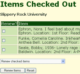 Screenshot of renew items webpage